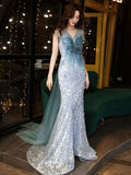 Modest Mermaid Strapless Blue Sequins Prom Dresses Inspiration Long Party Night Evening Dress 20th Birthday Outfits HZ0311