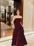 Modest Mermaid Spaghetti Straps Burgundy Velvet Long Prom Dresses Wedding Guest Dress 20th Birthday Outfits HZ0311