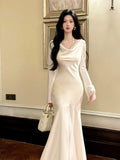 Chic Mermaid Cowl Neck White Satin Ankle Length Long Sleeves Prom Dresses Wedding Guest Dress 20th Birthday Outfits HZ0311