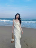 Sexy Mermaid Spaghetti Straps White Chiffon Prom Dresses Wedding Guest Dress 20th Birthday Outfits HZ0311