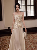 Sexy A line Spaghetti Straps Ivory Satin Long Prom Dresses Wedding Guest Dress 20th Birthday Outfits HZ0311