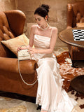 Modest Mermaid Spaghetti Straps White Ruffles Long Prom Dresses Wedding Guest Dress 20th Birthday Outfits HZ0311