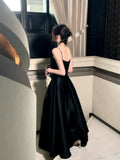 Modest A line Spaghetti Straps Black Satin Prom Dresses Wedding Guest Dress 16th Party Birthday Outfits HZ0311