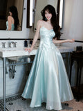 Classy A Line Spaghetti Strap Ice Blue Ankle Length Pleated Prom Dress Aesthetic Graduation Birthday Outfits HZ0311