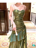 Modest Mermaid Spaghetti Straps Green Long Prom Dresses High School Teens Graduation Dance Dress 20th Birthday Outfits HZ0311