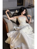Modest Mermaid Spaghetti Straps White Ruffles Long Prom Dresses High School Teens Graduation Dance Dress 20th Birthday Outfits HZ0311