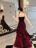 Modest Mermaid Spaghetti Straps Burgundy Velvet Long Prom Dresses Wedding Guest Dress 20th Birthday Outfits HZ0311