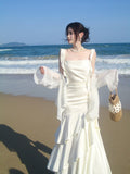 Elegant Mermaid Square Neck White Chiffon Ankle Length Prom Dresses 16th Nigh Party Birthday Outfits HZ0311