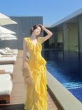 Elegant A line V Neckline Chiffon Yellow Layered Prom Dresses Long 16th Nigh Party Birthday Outfits HZ0311
