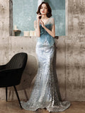 Modest Mermaid Strapless Blue Sequins Prom Dresses Inspiration Long Party Night Evening Dress 20th Birthday Outfits HZ0311