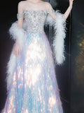 Glittery Ball Gown Off The Shoulder Blue Sequins Prom Dresses Inspiration Long Party Night Evening Dress 20th Birthday Outfits HZ0311