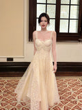 Sexy A line Spaghetti Straps Apricot Lace Prom Dresses Wedding Guest Dress 20th Birthday Outfits HZ0311