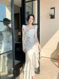 Elegant Mermaid Square Neck White Silky Satin Ankle Length Prom Dresses 16th Nigh Party Birthday Outfits HZ0311