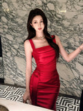 Elegant Sheath Square Neck Satin Red Ankle Length Prom Dresses 17th Nigh Party Birthday Outfits HZ0311