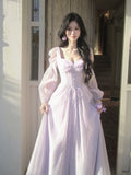 Modest A line Sweetheart Lilac Chiffon Ankle Length Long Sleeves Prom Dresses Wedding Guest Dress 20th Party Birthday Outfits HZ0311