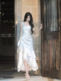 Modest Mermaid Square Neck White Satin Party Evening Night Dresses For Women Inspiration Long 18th Birthday Outfits HZ0311
