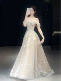 Cute A line Off The Shoulder With Cap Sleeves Sequins Champagne Long Formal Prom Dresses Dance Night Outfits Party Gowns HZ0311