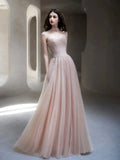 Classy A line Strapless Light Pink Tulle Long Formal Prom Dresses Dance Night Outfits Party Gowns HZ0311