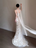 Timeless Wedding Dresses Mermaid Strapless Champagne Sleeveless Lace Brides Dress Style For Brides With Scarf Fitted Bridal Gowns HZ0311