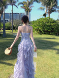 Elegant Sheath Lilac Strapless Tiered Layered Chiffon Sleeveless Long Prom Dresses 18th Birthday Outfits HZ0311
