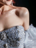Sparkly Mermaid Evening Dress Strapless Silver Gray Sequins Prom Dress Long Party Dress 21st Birthday Outfits HZ0311