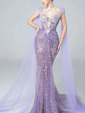 Sparkly Mermaid Evening Dress Halter Lilac Sequins Prom Dress Long Party Dress 21st Birthday Outfits HZ0311