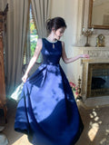 Elegant A line Jewel Neck Navy Blue Satin With Beaded Sleeveless Prom Dresses 16th Nigh Party Birthday Outfits HZ0311