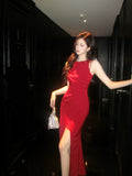 Elegant Sheath Scoop Red Satin Slit Ankle Length Prom Dresses 17th Nigh Party Birthday Outfits HZ0311