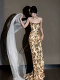 Glitter Mermaid Strapless Gold Sequins Long Formal Prom Dresses Dance Night Outfits Evening Party Gowns HZ0311