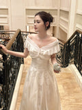 Simple A Line Off The Shoulder White Lace Mid Length Prom Dress Aesthetic Graduation Evening Outfits HZ0311