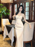 Classy Mermaid One Shoulder White With Beaded Satin Ankle Length Pleated Prom Dress Aesthetic Graduation Birthday Outfits HZ0311