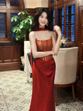 Classy Mermaid Spaghetti Strap Burgundy Satin Ankle Length Pleated Prom Dress Aesthetic Graduation Birthday Outfits HZ0311