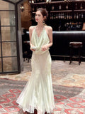 Sexy Mermaid Halter Mint Green Sequins Ankle Length Prom Dresses Wedding Guest Dress 20th Birthday Outfits HZ0311