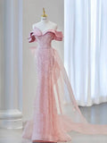 Sparkly Mermaid Evening Dress Off The Shoulder Pink Sequins Prom Dress Long Party Dress 19th Birthday Outfits HZ0311