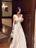 Modest A line Straps Ivory Satin Long Evening Dresses Wedding Guest Dress 20th Birthday Outfits HZ0311