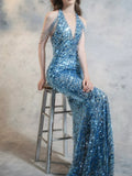 Modest Mermaid V Neck Blue Sequins Prom Dresses Inspiration Long Party Night Evening Dress 20th Birthday Outfits HZ0311