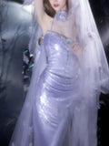 Modest Mermaid Strapless Lilac With Slit Sequins Prom Dresses Inspiration Long Party Evening Dress 21st Birthday Outfits HZ0311