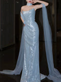 Modest Mermaid Strapless Sequins Blue With Scarf Prom Dresses Inspiration Long Party Evening Dress 21st Birthday Outfits HZ0311