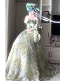Princess Ball Gown Strapless Floral Forest Green Tulle Bodice Prom Dresses Inspiration Long Party Night Gowns 20th Birthday Outfits HZ0311
