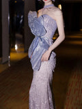 Modest Mermaid Strapless Sleeveless Sequins Prom Dresses Inspiration Long Party Evening Dress 21st Birthday Outfits HZ0311