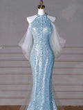 Modest Mermaid High Neck Blue Sequins Prom Dresses Inspiration Long Party Night Evening Dress 19th Birthday Outfits HZ0311