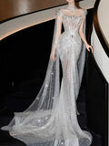 Luxurious Wedding Dresses Mermaid Scoop Neck Long Sleeves Silver Gray With Cape Sequins Brides Dress For Brides Fitted Bridal Gowns HZ0311