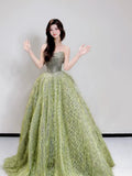 Princess Ball Gown Strapless Green Sequins Bodice Prom Dresses Inspiration Long Party Night Gowns 20th Birthday Outfits HZ0311