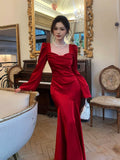 Modest Mermaid Square Neck Red Satin Long Sleeves Prom Dresses Wedding Guest Dress Birthday Outfits HZ0311