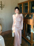 Modest Mermaid Square Neck Pink Satin Long Sleeves Prom Dresses Wedding Guest Dress 16th Birthday Outfits HZ0311