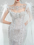 Luxurious Mermaid Scoop Evening Dress Sequins Prom Dress With Cape Long Party Dresses 19th Birthday Outfits HZ0311