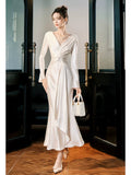 Sexy Mermaid V Neck Long Sleeves Ankle Length Prom Dresses Wedding Guest Dress 22th Birthday Outfits HZ0311