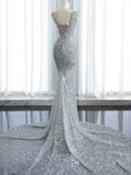 Modest Mermaid Square Neck Sequins With Beaded Silver Gray Prom Dresses Inspiration Long Party Evening Dress 19th Birthday Outfits HZ0311