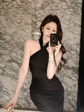 Modest Mermaid Halter Black Long Prom Dresses Wedding Guest Dress 20th Birthday Outfits HZ0311