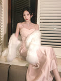 Sexy Mermaid Spaghetti Straps Pink Satin Prom Dresses Wedding Guest Dress 20th Birthday Outfits HZ0311